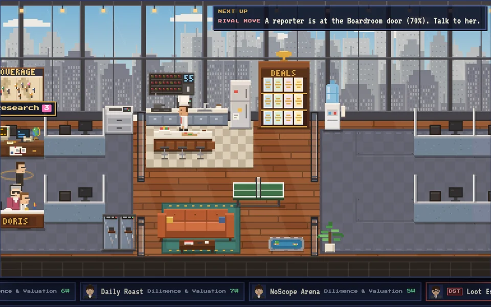 A big pixel-art office with a kitchen, a lounge and a deal wall, the city skyline through tall windows