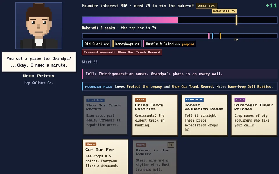 Deal Sourcing screen: a founder's interest meter against three rival banks in a bake-off, with pitch cards below