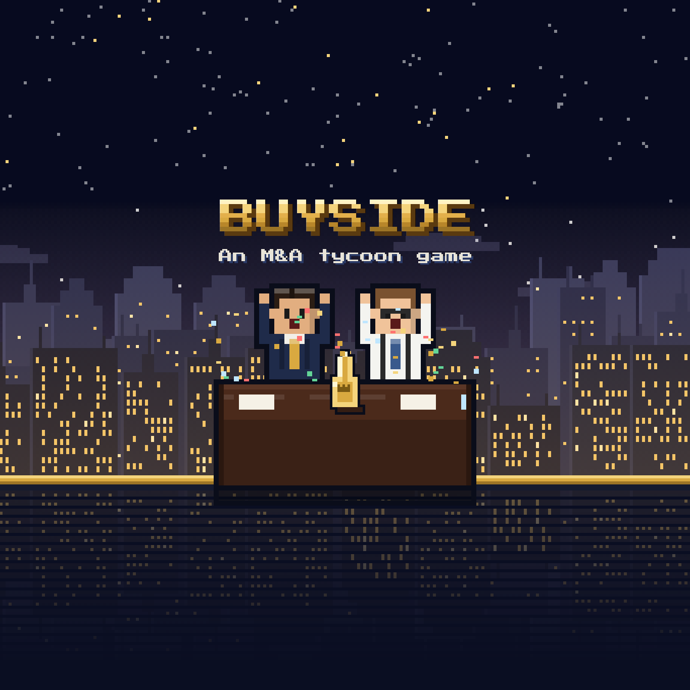 BUYSIDE, an M&A tycoon game: two pixel-art bankers celebrate a deal over a city skyline at night